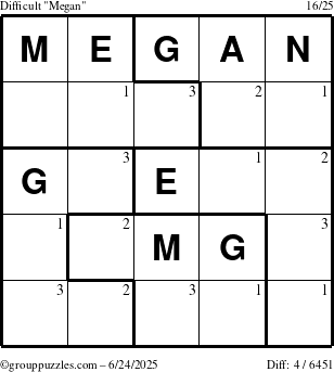 The grouppuzzles.com Difficult Megan puzzle for Tuesday June 24, 2025 with the first 3 steps marked