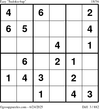 The grouppuzzles.com Easy Sudoku-6up puzzle for Tuesday June 24, 2025