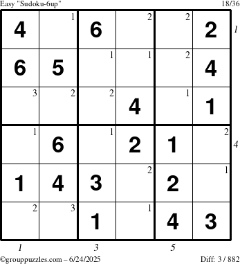 The grouppuzzles.com Easy Sudoku-6up puzzle for Tuesday June 24, 2025 with all 3 steps marked