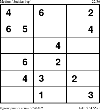 The grouppuzzles.com Medium Sudoku-6up puzzle for Tuesday June 24, 2025