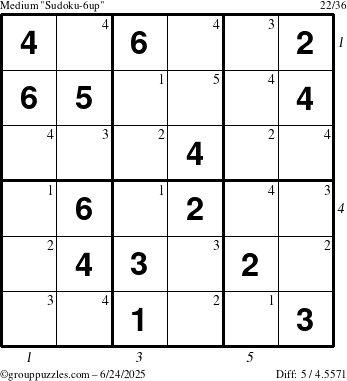 The grouppuzzles.com Medium Sudoku-6up puzzle for Tuesday June 24, 2025 with all 5 steps marked