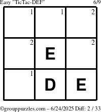 The grouppuzzles.com Easy TicTac-DEF puzzle for Tuesday June 24, 2025 with the first 2 steps marked