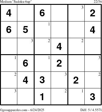 The grouppuzzles.com Medium Sudoku-6up puzzle for Tuesday June 24, 2025 with the first 3 steps marked