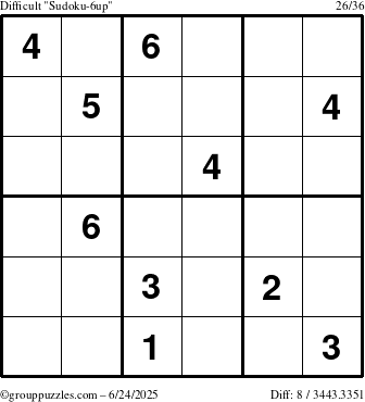 The grouppuzzles.com Difficult Sudoku-6up puzzle for Tuesday June 24, 2025