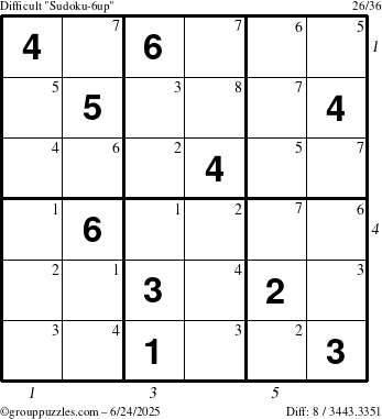 The grouppuzzles.com Difficult Sudoku-6up puzzle for Tuesday June 24, 2025 with all 8 steps marked