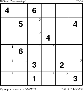 The grouppuzzles.com Difficult Sudoku-6up puzzle for Tuesday June 24, 2025 with the first 3 steps marked