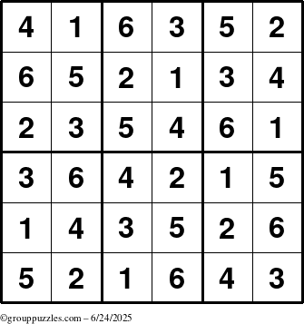 The grouppuzzles.com Answer grid for the Sudoku-6up puzzle for Tuesday June 24, 2025