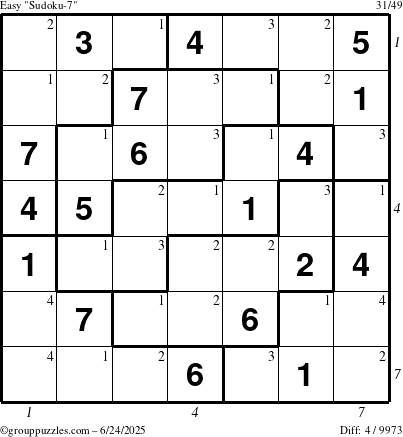 The grouppuzzles.com Easy Sudoku-7 puzzle for Tuesday June 24, 2025 with all 4 steps marked