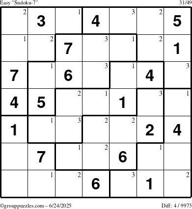 The grouppuzzles.com Easy Sudoku-7 puzzle for Tuesday June 24, 2025 with the first 3 steps marked