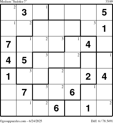 The grouppuzzles.com Medium Sudoku-7 puzzle for Tuesday June 24, 2025 with the first 3 steps marked