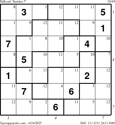 The grouppuzzles.com Difficult Sudoku-7 puzzle for Tuesday June 24, 2025 with all 12 steps marked