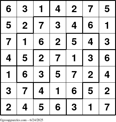 The grouppuzzles.com Answer grid for the Sudoku-7 puzzle for Tuesday June 24, 2025