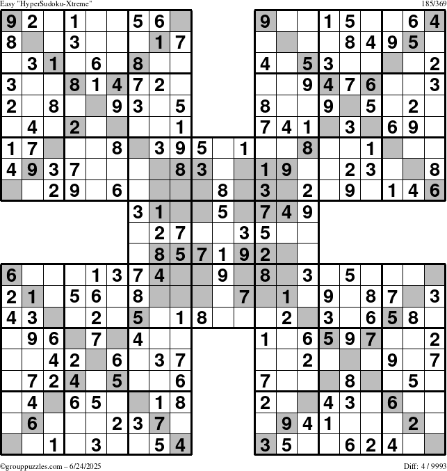 The grouppuzzles.com Easy HyperSudoku-Xtreme puzzle for Tuesday June 24, 2025