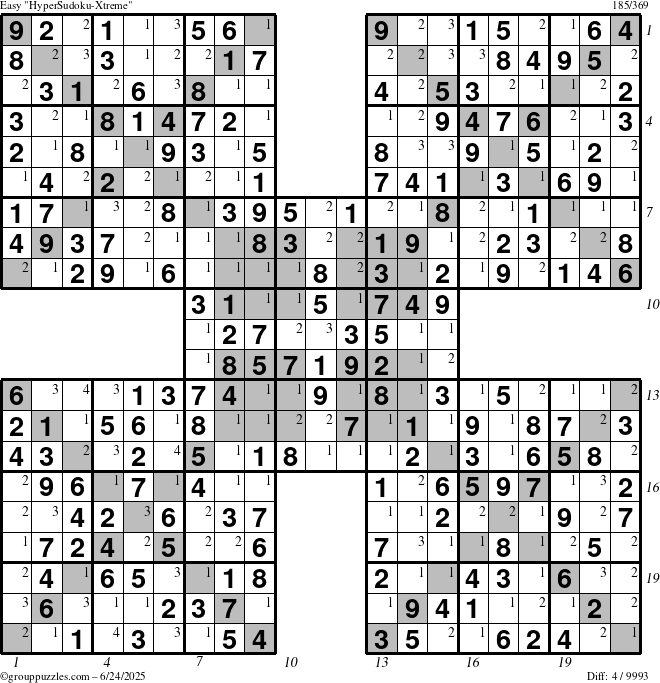 The grouppuzzles.com Easy HyperSudoku-Xtreme puzzle for Tuesday June 24, 2025 with all 4 steps marked