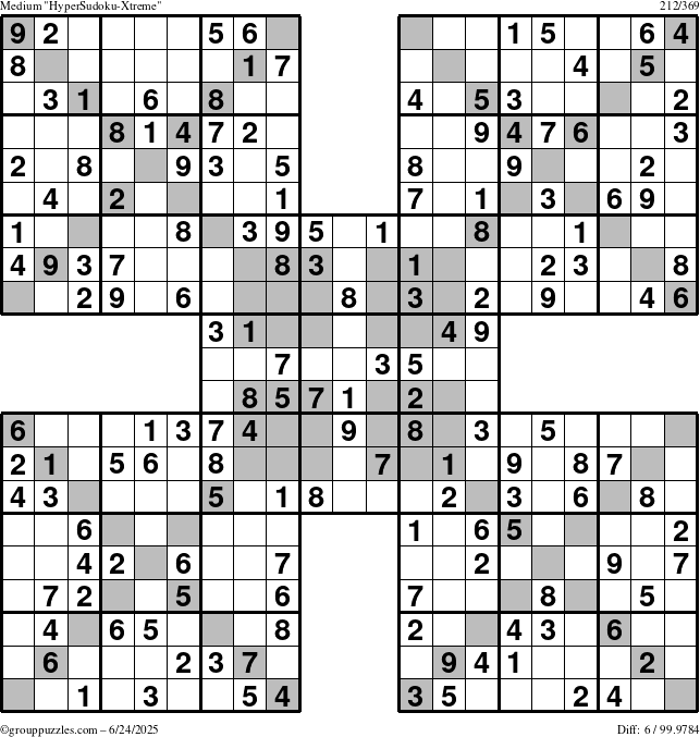 The grouppuzzles.com Medium HyperSudoku-Xtreme puzzle for Tuesday June 24, 2025