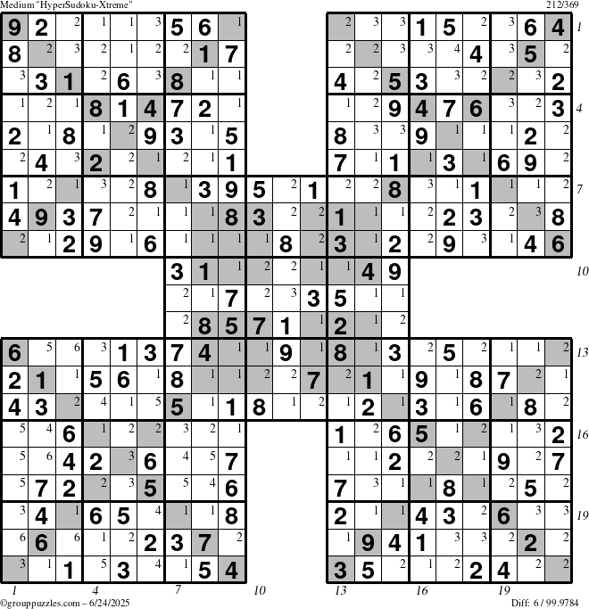 The grouppuzzles.com Medium HyperSudoku-Xtreme puzzle for Tuesday June 24, 2025 with all 6 steps marked