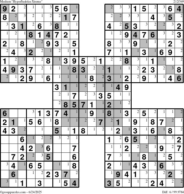 The grouppuzzles.com Medium HyperSudoku-Xtreme puzzle for Tuesday June 24, 2025 with the first 3 steps marked