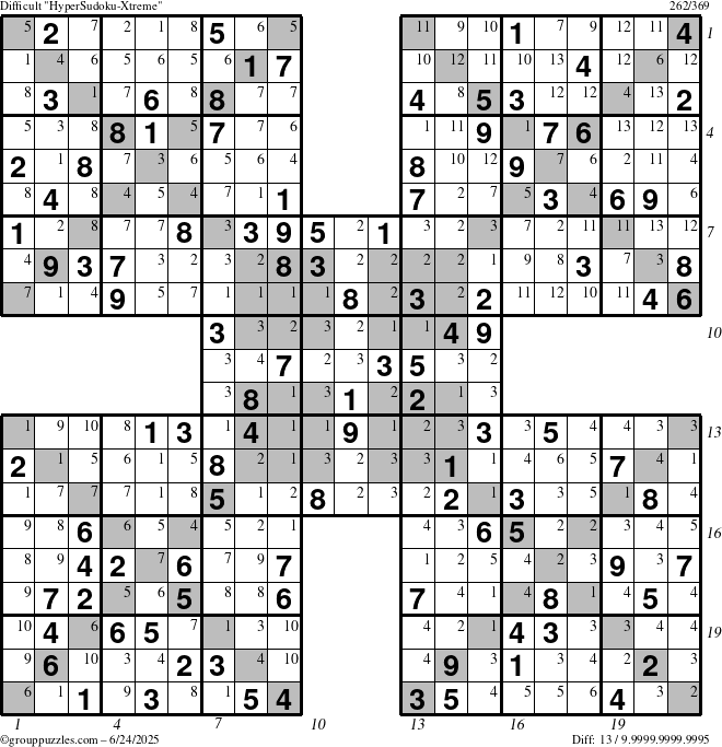 The grouppuzzles.com Difficult HyperSudoku-Xtreme puzzle for Tuesday June 24, 2025 with all 13 steps marked