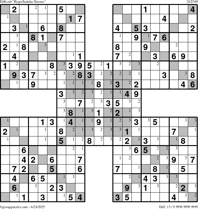 The grouppuzzles.com Difficult HyperSudoku-Xtreme puzzle for Tuesday June 24, 2025 with the first 3 steps marked