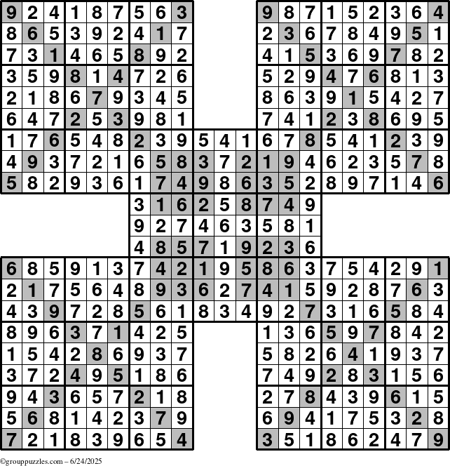 The grouppuzzles.com Answer grid for the HyperSudoku-Xtreme puzzle for Tuesday June 24, 2025