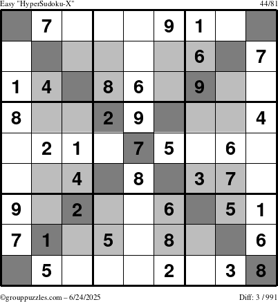 The grouppuzzles.com Easy HyperSudoku-X puzzle for Tuesday June 24, 2025