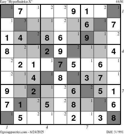 The grouppuzzles.com Easy HyperSudoku-X puzzle for Tuesday June 24, 2025 with all 3 steps marked