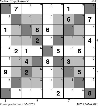 The grouppuzzles.com Medium HyperSudoku-X puzzle for Tuesday June 24, 2025, suitable for printing, with all 8 steps marked