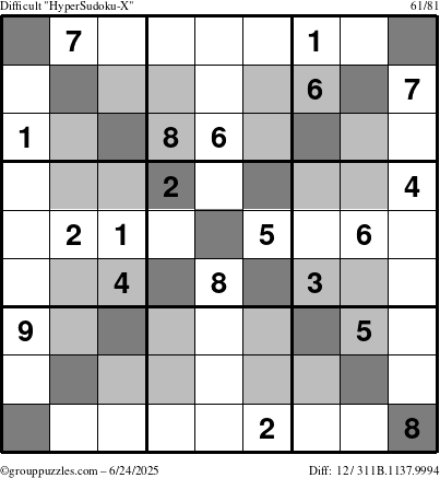 The grouppuzzles.com Difficult HyperSudoku-X puzzle for Tuesday June 24, 2025