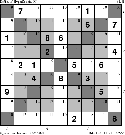 The grouppuzzles.com Difficult HyperSudoku-X puzzle for Tuesday June 24, 2025 with all 12 steps marked