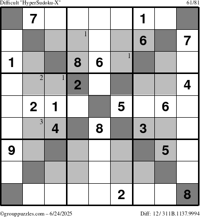 The grouppuzzles.com Difficult HyperSudoku-X puzzle for Tuesday June 24, 2025 with the first 3 steps marked