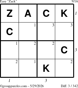 The grouppuzzles.com Easy Zack puzzle for Friday May 29, 2026, suitable for printing, with all 3 steps marked