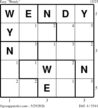 The grouppuzzles.com Easy Wendy puzzle for Friday May 29, 2026, suitable for printing, with all 4 steps marked