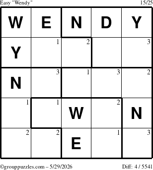 The grouppuzzles.com Easy Wendy puzzle for Friday May 29, 2026 with the first 3 steps marked