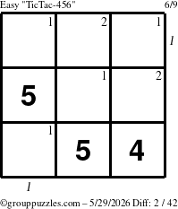 The grouppuzzles.com Easy TicTac-456 puzzle for Friday May 29, 2026, suitable for printing, with all 2 steps marked