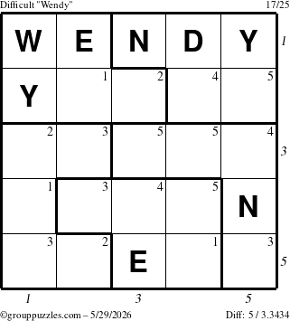 The grouppuzzles.com Difficult Wendy puzzle for Friday May 29, 2026 with all 5 steps marked