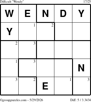 The grouppuzzles.com Difficult Wendy puzzle for Friday May 29, 2026 with the first 3 steps marked
