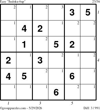 The grouppuzzles.com Easy Sudoku-6up puzzle for Friday May 29, 2026, suitable for printing, with all 3 steps marked