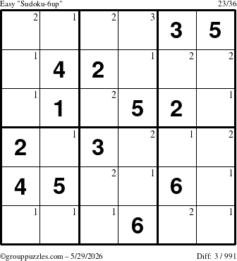 The grouppuzzles.com Easy Sudoku-6up puzzle for Friday May 29, 2026 with the first 3 steps marked
