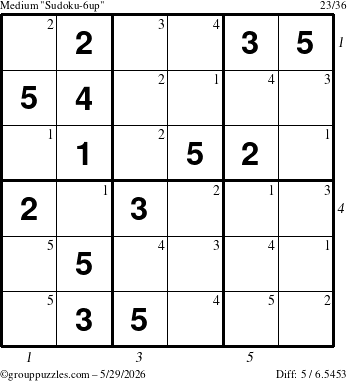 The grouppuzzles.com Medium Sudoku-6up puzzle for Friday May 29, 2026 with all 5 steps marked