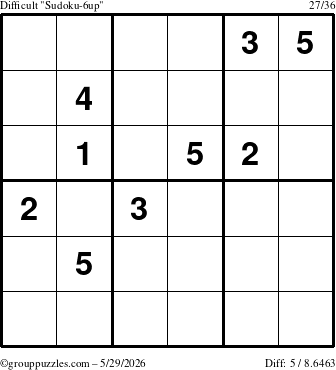 The grouppuzzles.com Difficult Sudoku-6up puzzle for Friday May 29, 2026