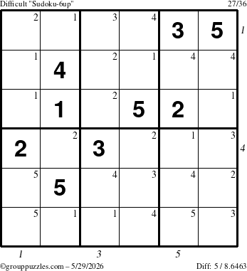 The grouppuzzles.com Difficult Sudoku-6up puzzle for Friday May 29, 2026, suitable for printing, with all 5 steps marked