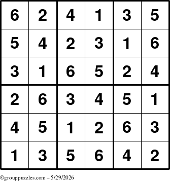 The grouppuzzles.com Answer grid for the Sudoku-6up puzzle for Friday May 29, 2026