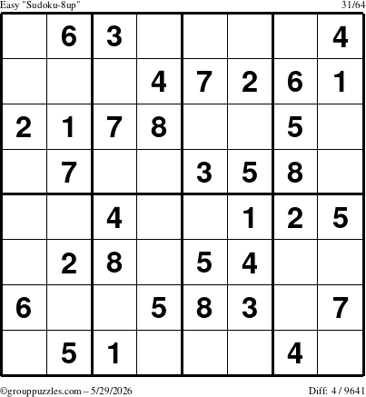 The grouppuzzles.com Easy Sudoku-8up puzzle for Friday May 29, 2026