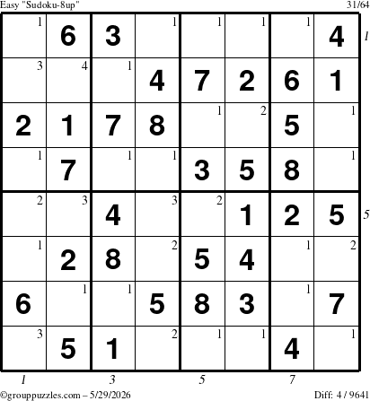 The grouppuzzles.com Easy Sudoku-8up puzzle for Friday May 29, 2026 with all 4 steps marked