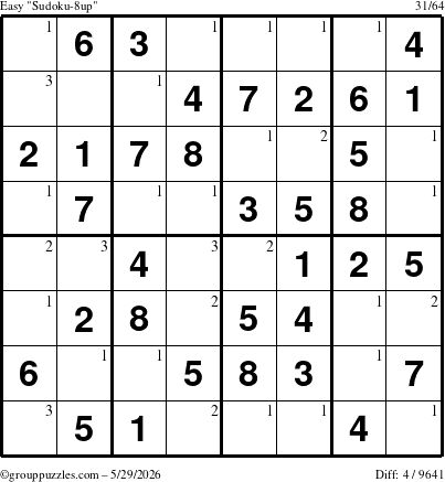 The grouppuzzles.com Easy Sudoku-8up puzzle for Friday May 29, 2026 with the first 3 steps marked