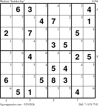 The grouppuzzles.com Medium Sudoku-8up puzzle for Friday May 29, 2026 with all 7 steps marked