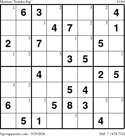 The grouppuzzles.com Medium Sudoku-8up puzzle for Friday May 29, 2026 with the first 3 steps marked