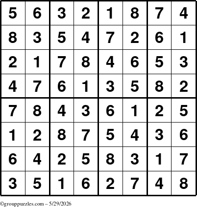 The grouppuzzles.com Answer grid for the Sudoku-8up puzzle for Friday May 29, 2026