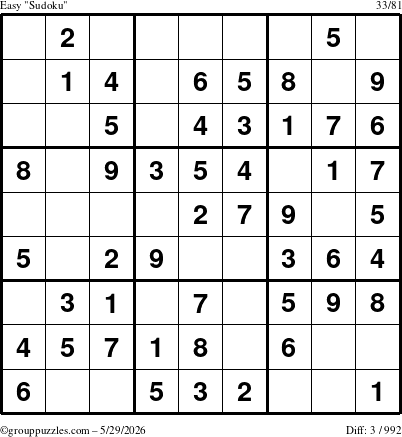 The grouppuzzles.com Easy Sudoku puzzle for Friday May 29, 2026
