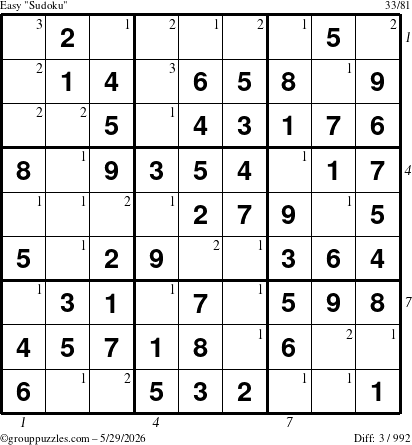The grouppuzzles.com Easy Sudoku puzzle for Friday May 29, 2026 with all 3 steps marked